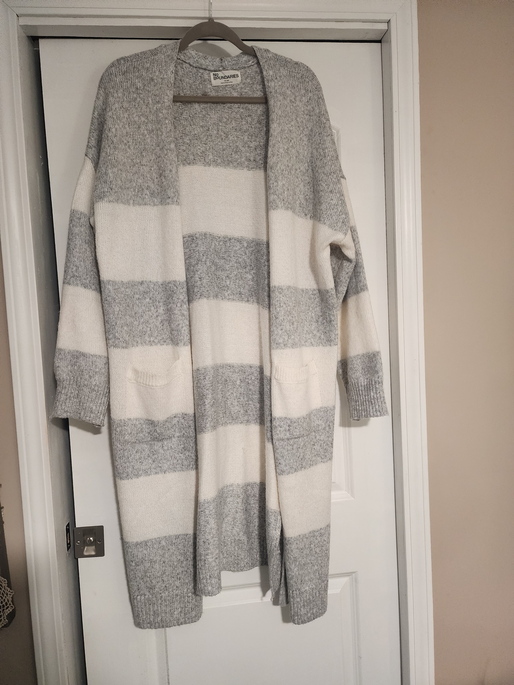 No Boundaries Gray and Cream Striped Open-Front Cardigan